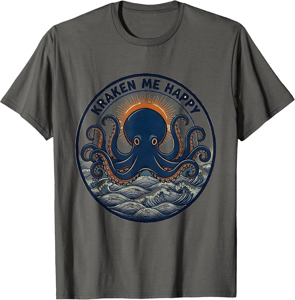 Men's Kraken Me Happy Ukiyo-e Octopus Lover Sea Creature T-Shirt - Asphalt Grey