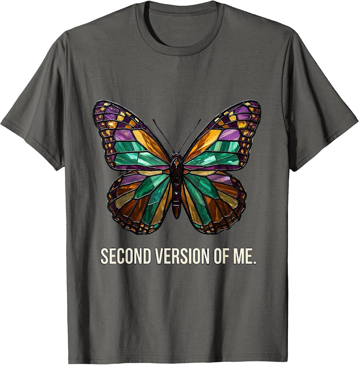 Second Version Of Me Stained Glass Mosaic Butterfly Lover T-Shirt - Asphalt Grey