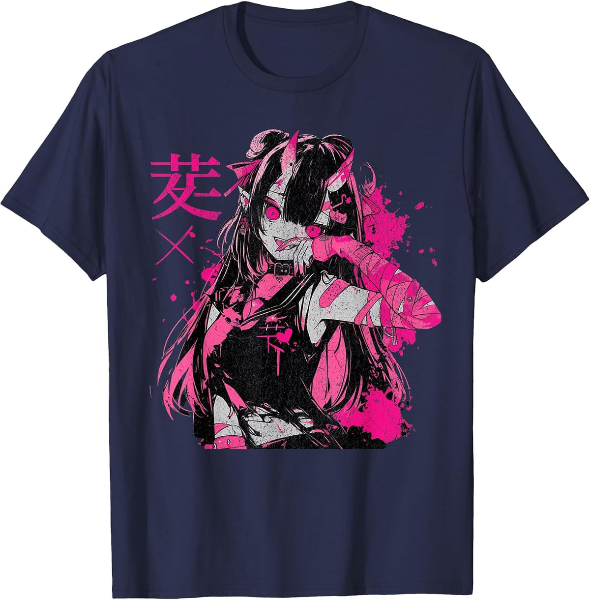 Goth Grunge Demon Anime Girl Waifu Horror Alt Aesthetic T-Shirt - Navy Blue