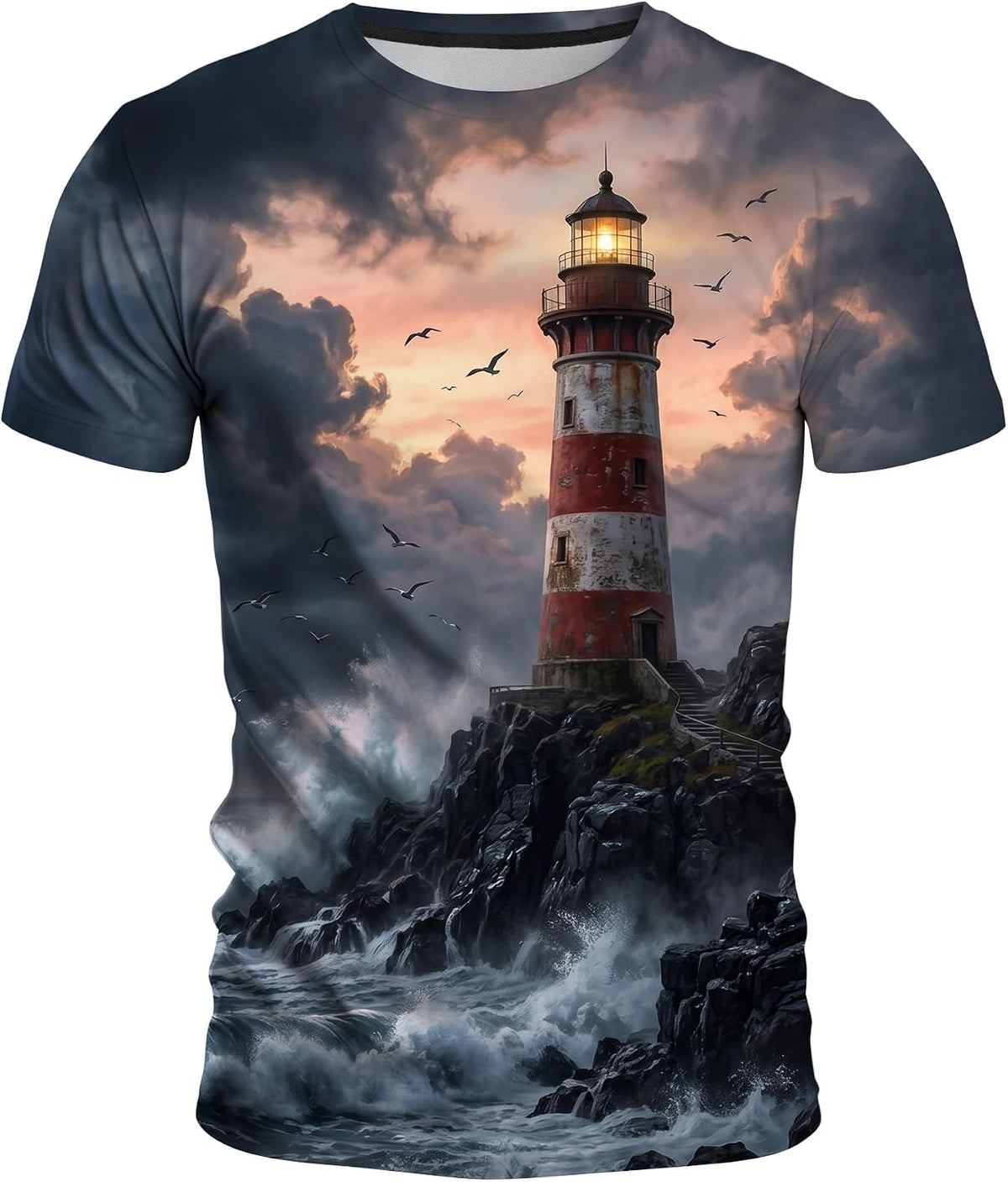 Men’s 3D Ocean Graphic T-Shirt, Nautical & Sailing Print Summer Top - Lighthouse-01