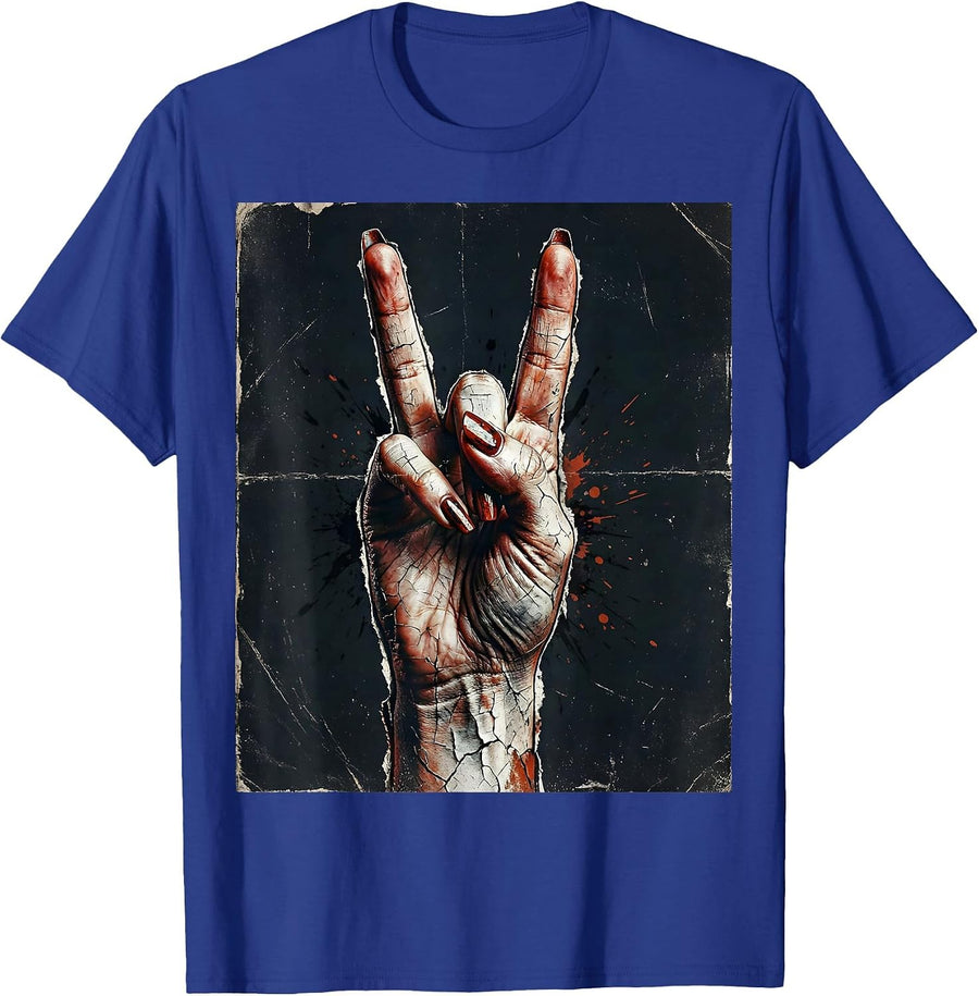 Devil Horns Hand Sign Rock Music Graphic T-Shirt - Royal Blue