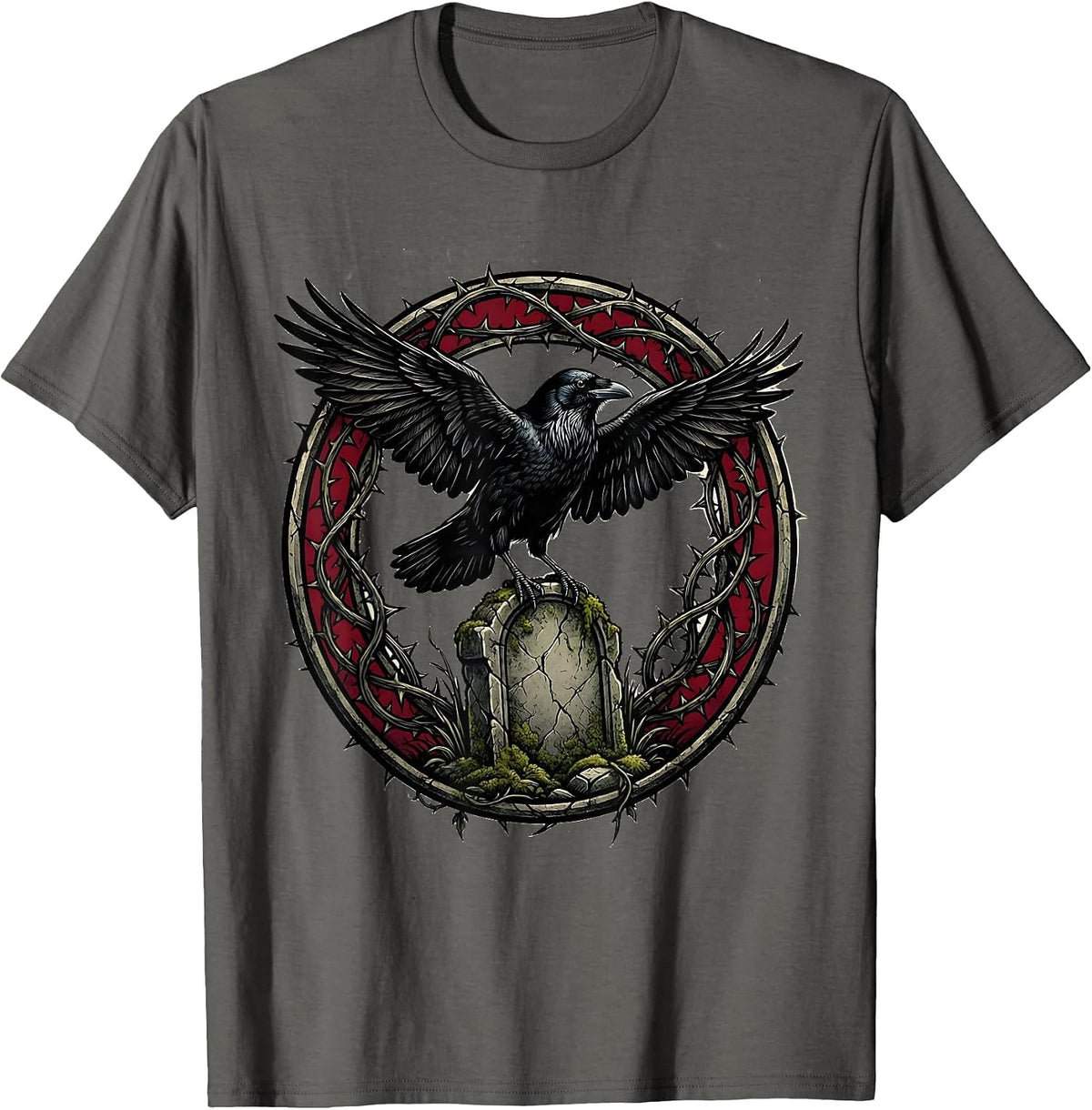 Men's Crow on Crumbling Gravestone Gothic Art T-Shirt - Asphalt Grey