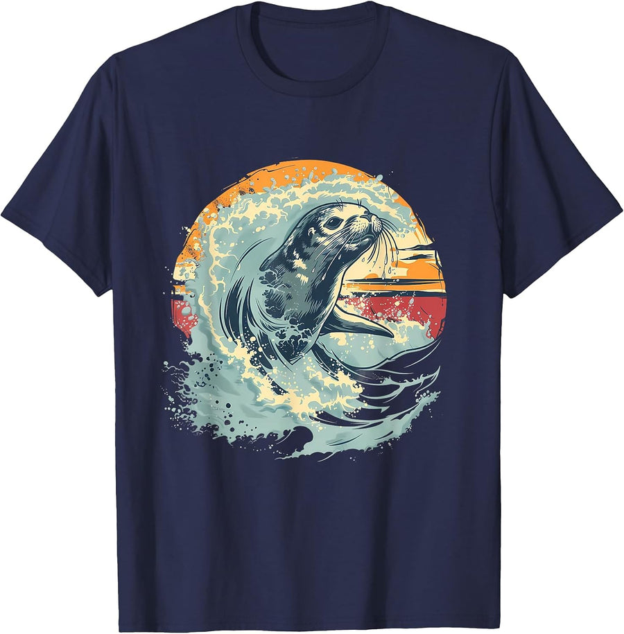 Seal Sunset Marine Mammal Ocean Sea Seal Sea Ocean Animal T-Shirt - Navy Blue