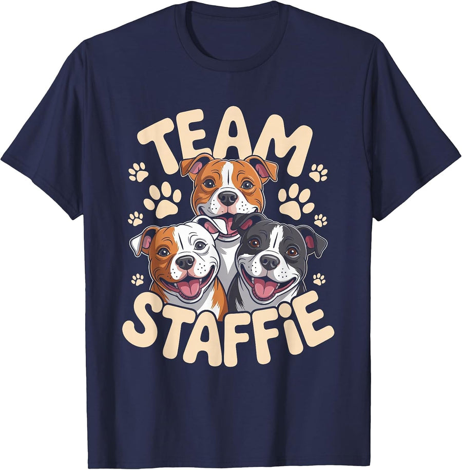 Team Staffie Cute Cartoon Dog Pet Staffordshire Bull Terrier T-Shirt - Navy Blue