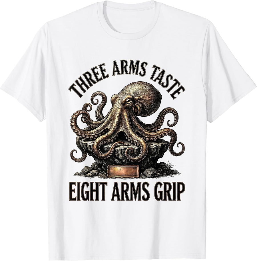 Men's Three Arms Taste Eight Arms Grip Vintage Octopus T-Shirt - White