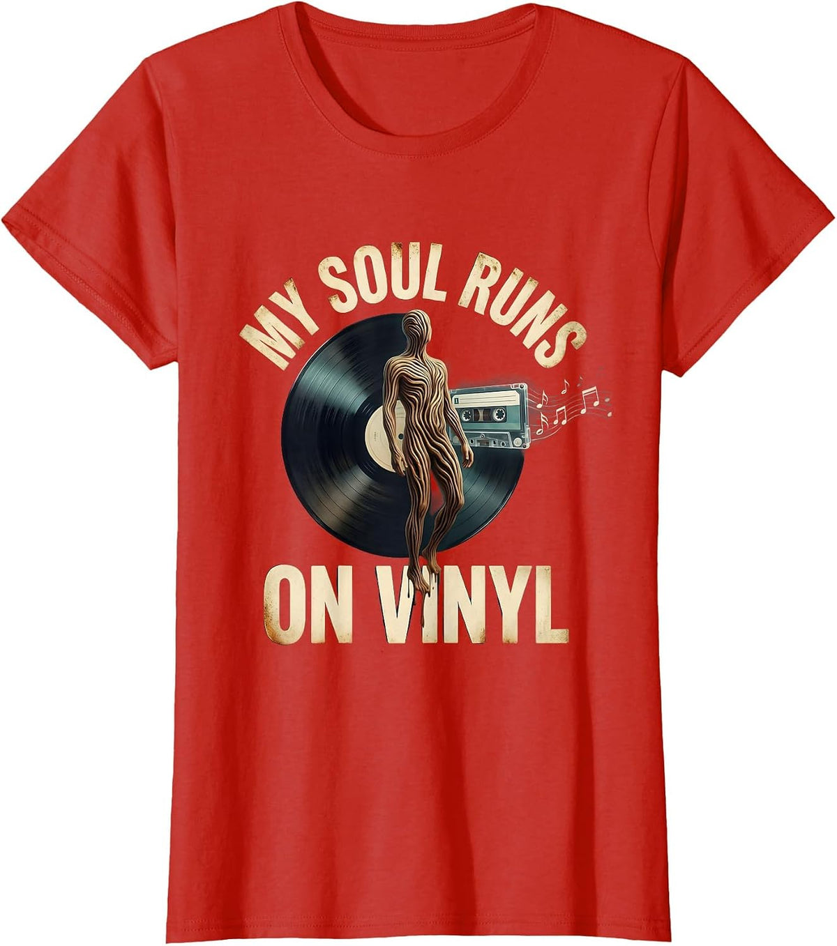 My Soul Runs on Vinyl Surreal Vinyl Design T-Shirt - Red