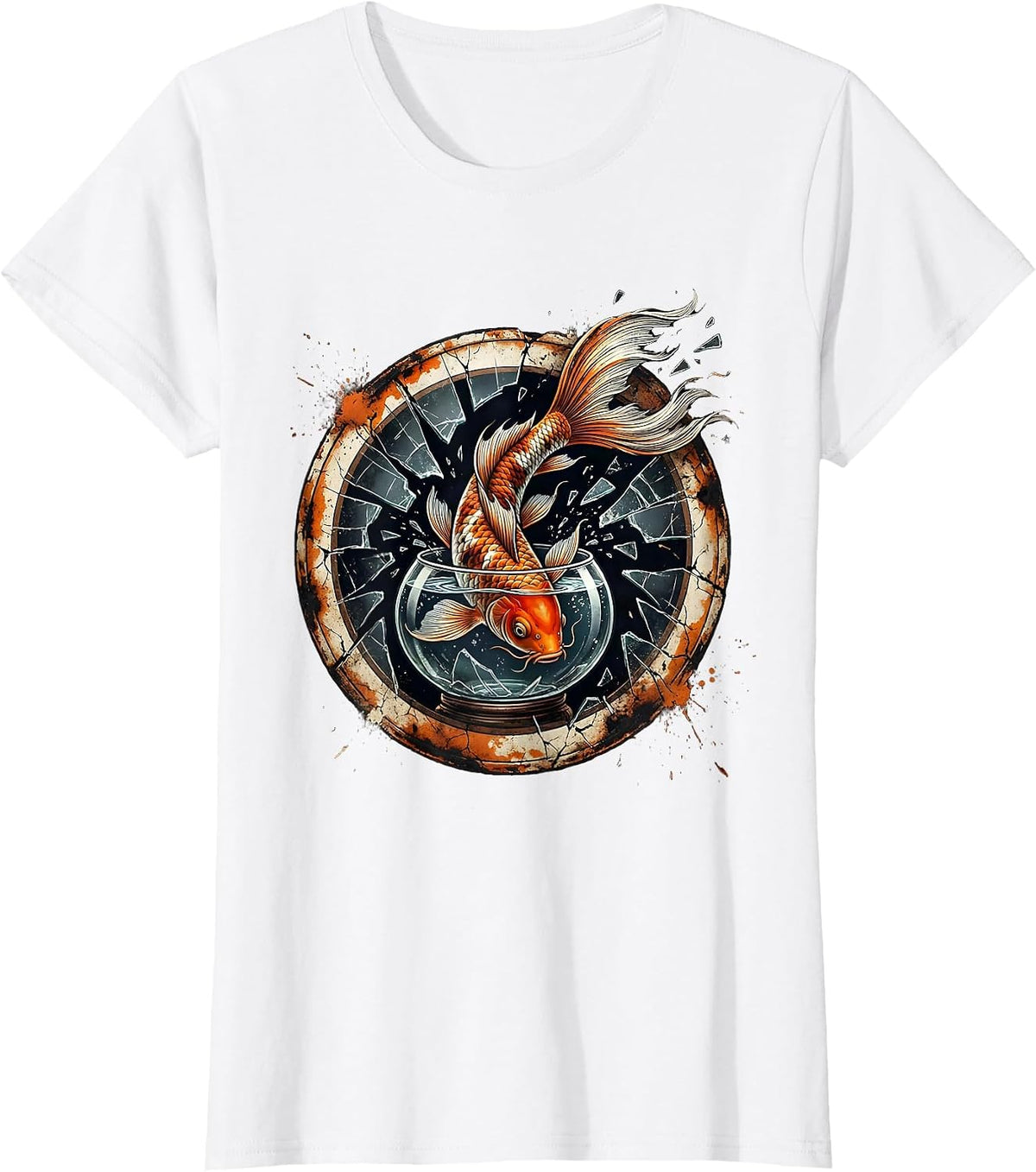 Koi Fish Leaping Out of Fishbowl Graphic Tee T-Shirt - White