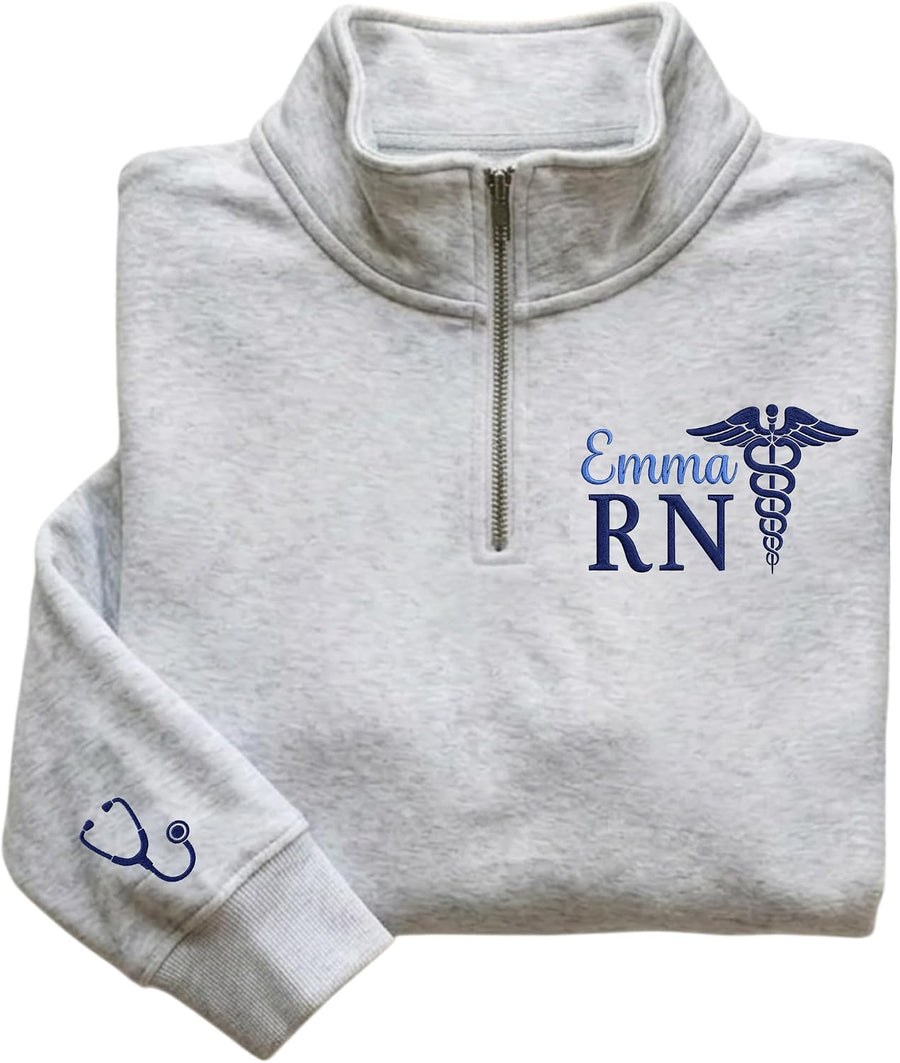 NAZENTI Personalized Embroidered RN Nurse Quarter Zip Sweatshirt, Nursing Graduation Gift, Nurse Week Appreciation Gifts -