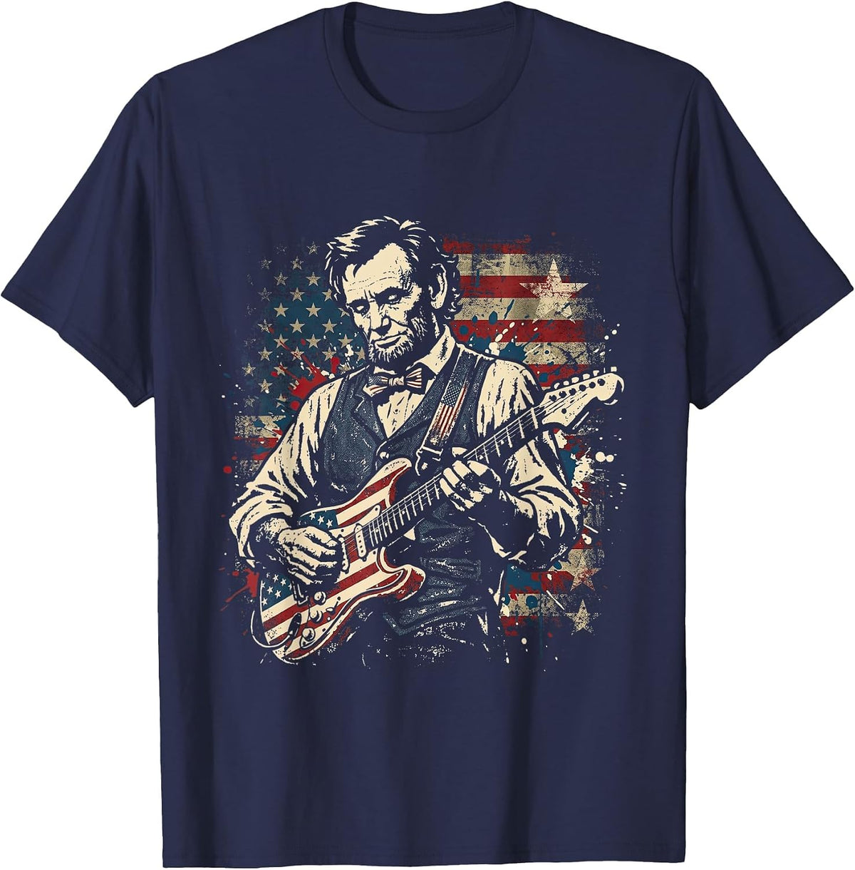 Abraham Lincoln President Playing Guitar US Flag 4th of July T-Shirt - Navy Blue