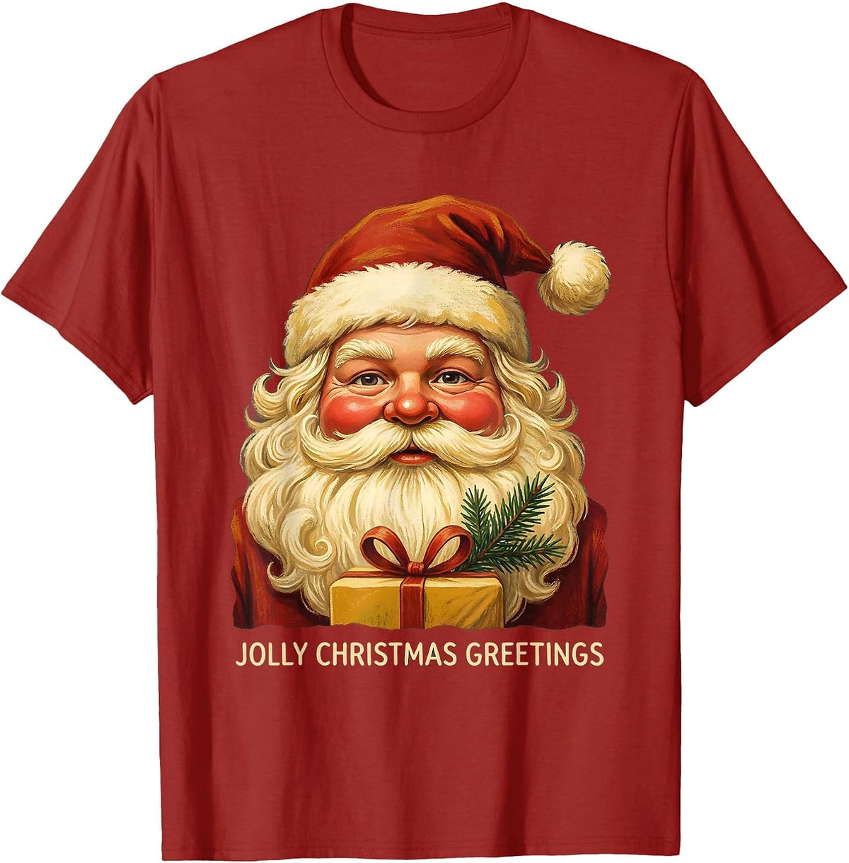 Men's Jolly Christmas Greetings Vintage Retro Santa Claus Face T-Shirt - Cranberry Red