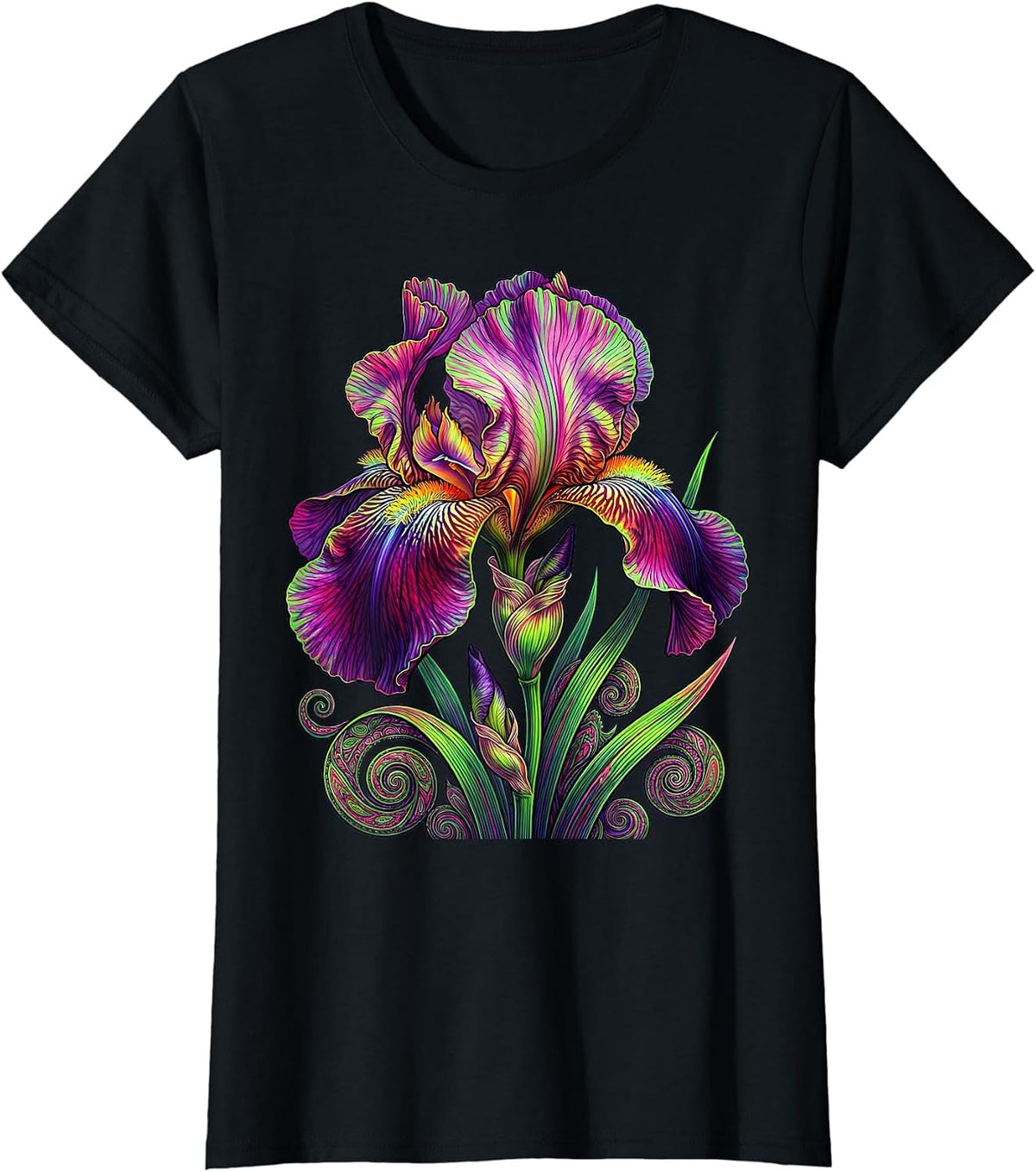Iris Flower Intricate Ink Line Art Design T-Shirt - Black