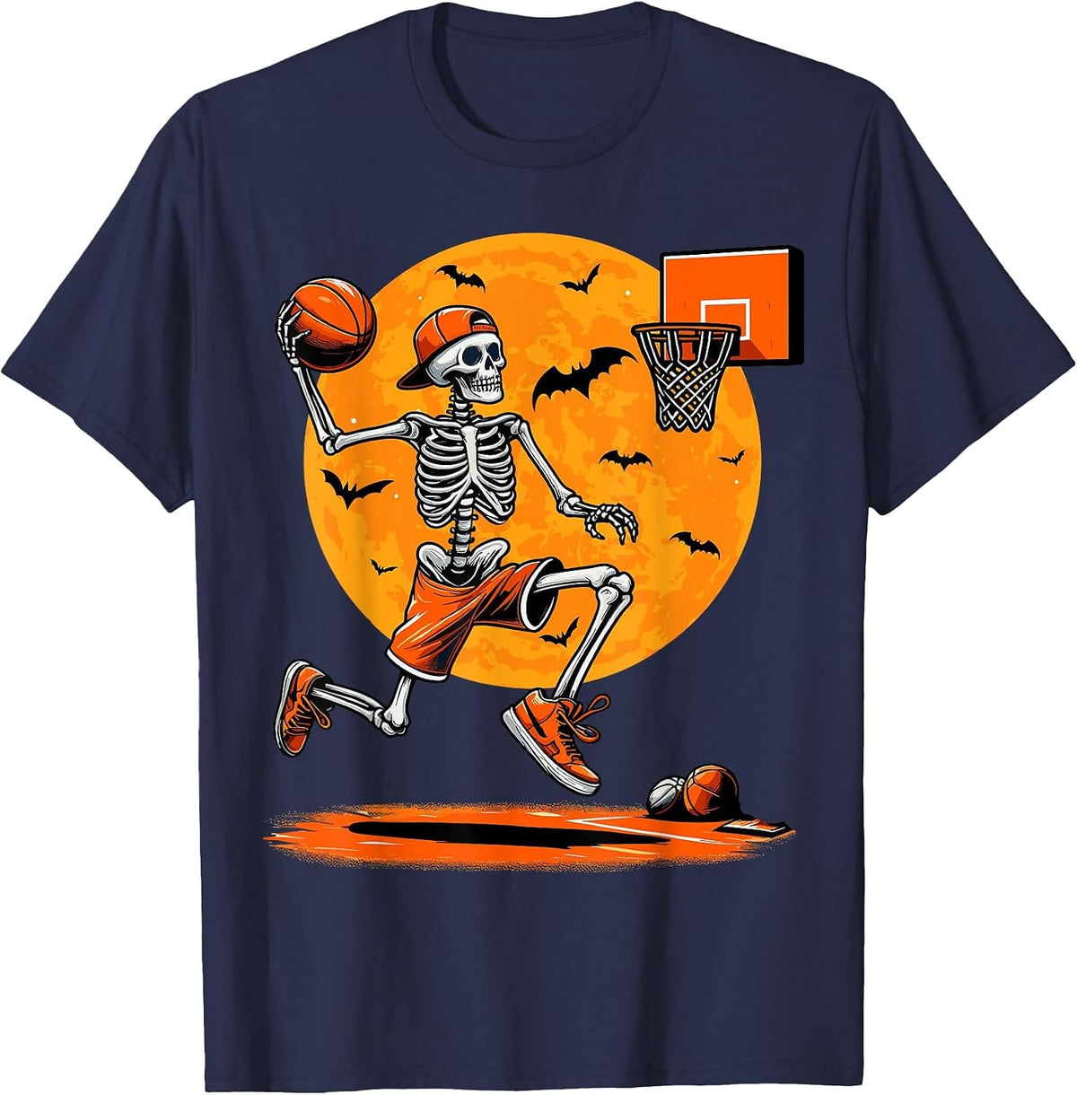 Basketball Skeleton Spooky Boys Halloween Basketball Player T-Shirt - Navy Blue