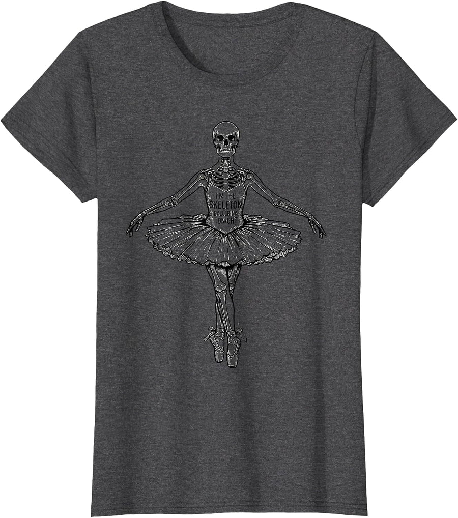 Women's I'm the Skeleton Ballerina Tonight Whimsical Halloween Dance T-Shirt - Dark Heather Grey