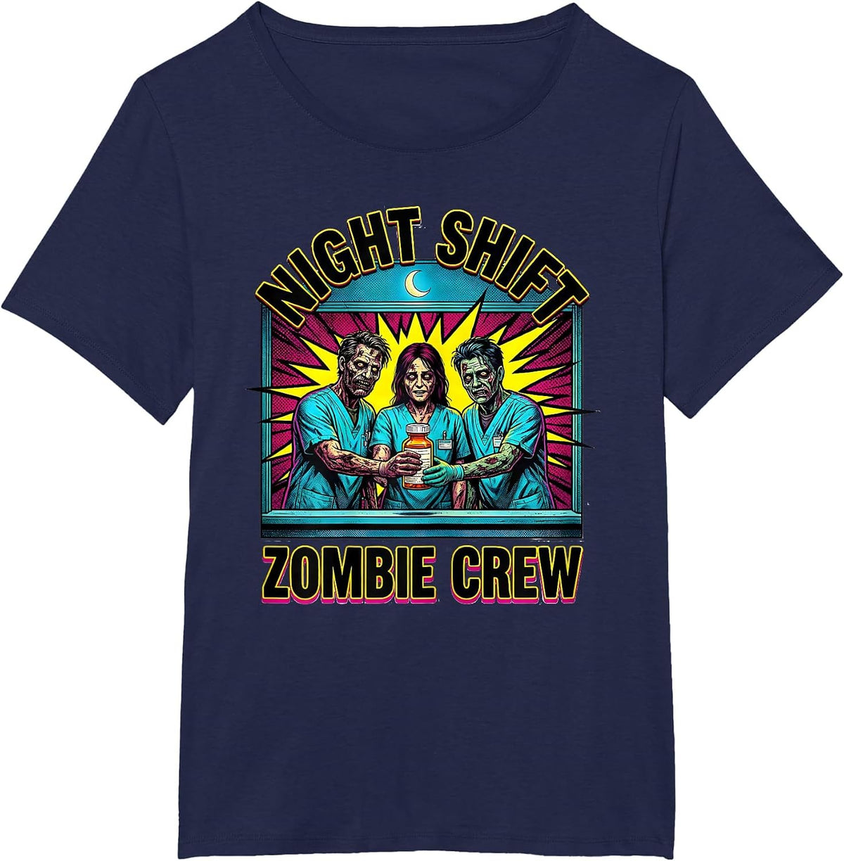 Women's Night Shift Zombie Crew Pop Art Pharmacy Tech Halloween T-Shirt - Navy Blue