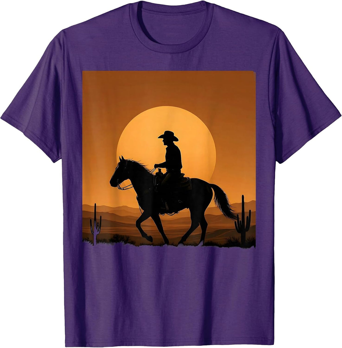 Lone Cowboy Riding Horse at Dusk Illustration T-Shirt - Purple