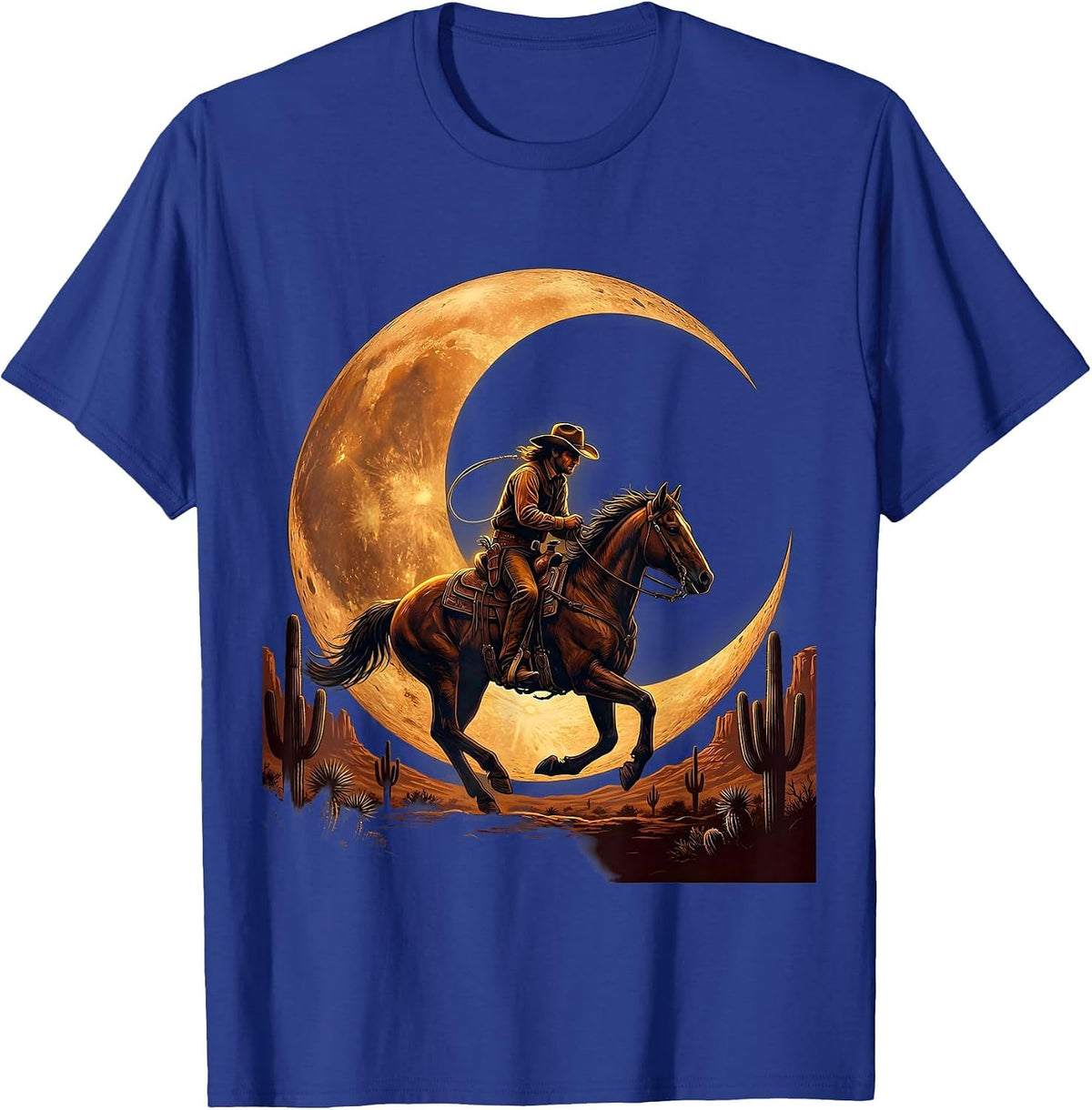 Cowboy Riding Silhouette Crescent Moon Design T-Shirt - Royal Blue