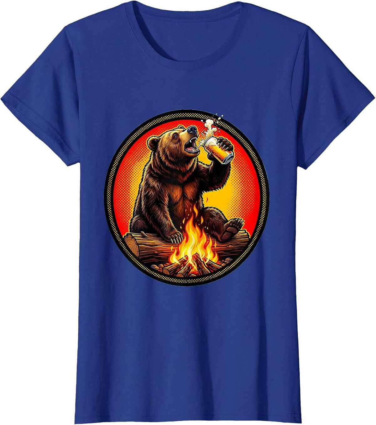 Women's Funny Bear Chugging Beer Campfire Graphic T-Shirt - Royal Blue