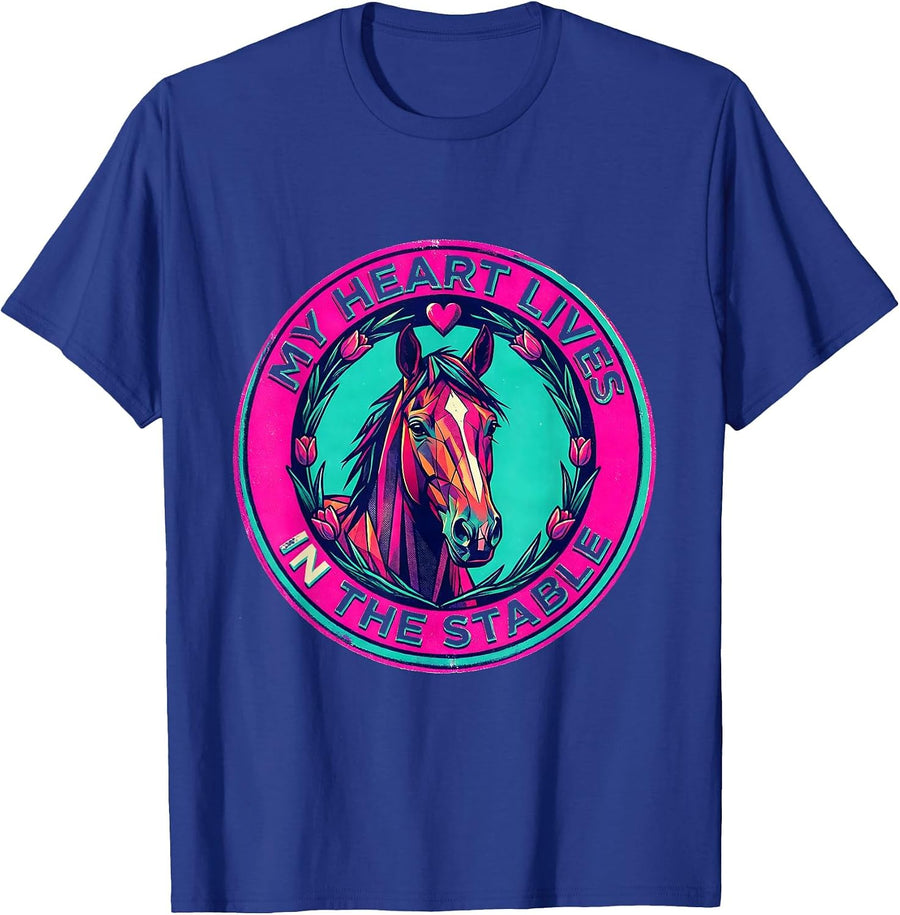 My Heart Lives In The Stable Horse Design T-Shirt - Royal Blue