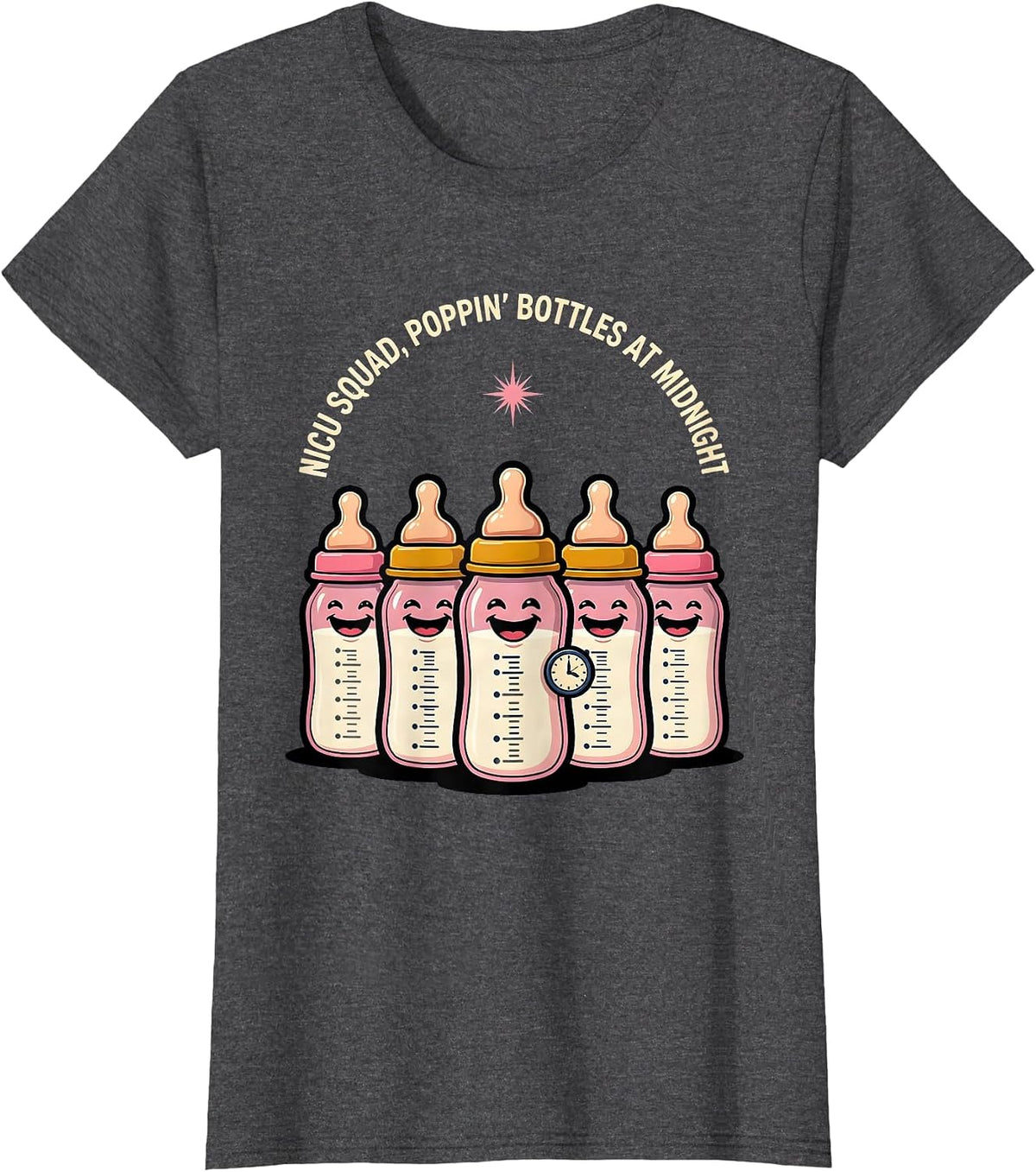 Women's NICU Squad Poppin Bottles At Midnight Nurse T-Shirt - Dark Heather Grey