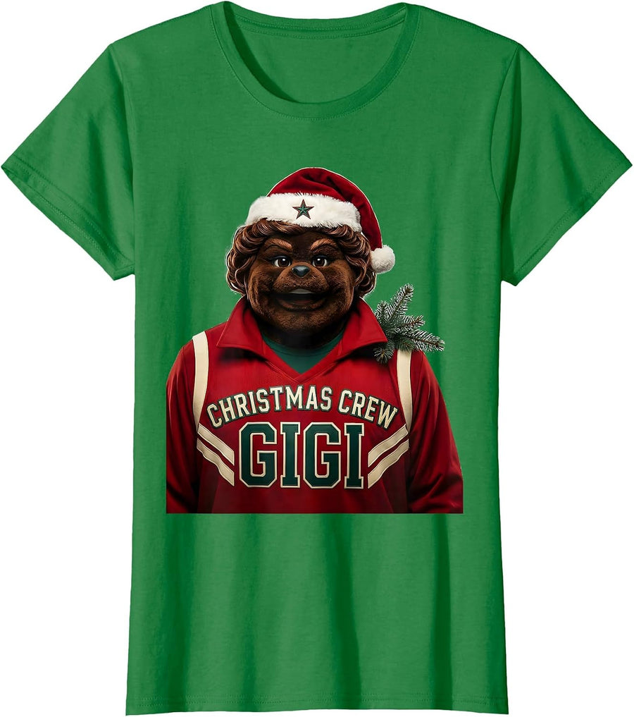 Women's Christmas Crew Gigi Sports Mrs Claus Black Family Matching T-Shirt - Kelly Green