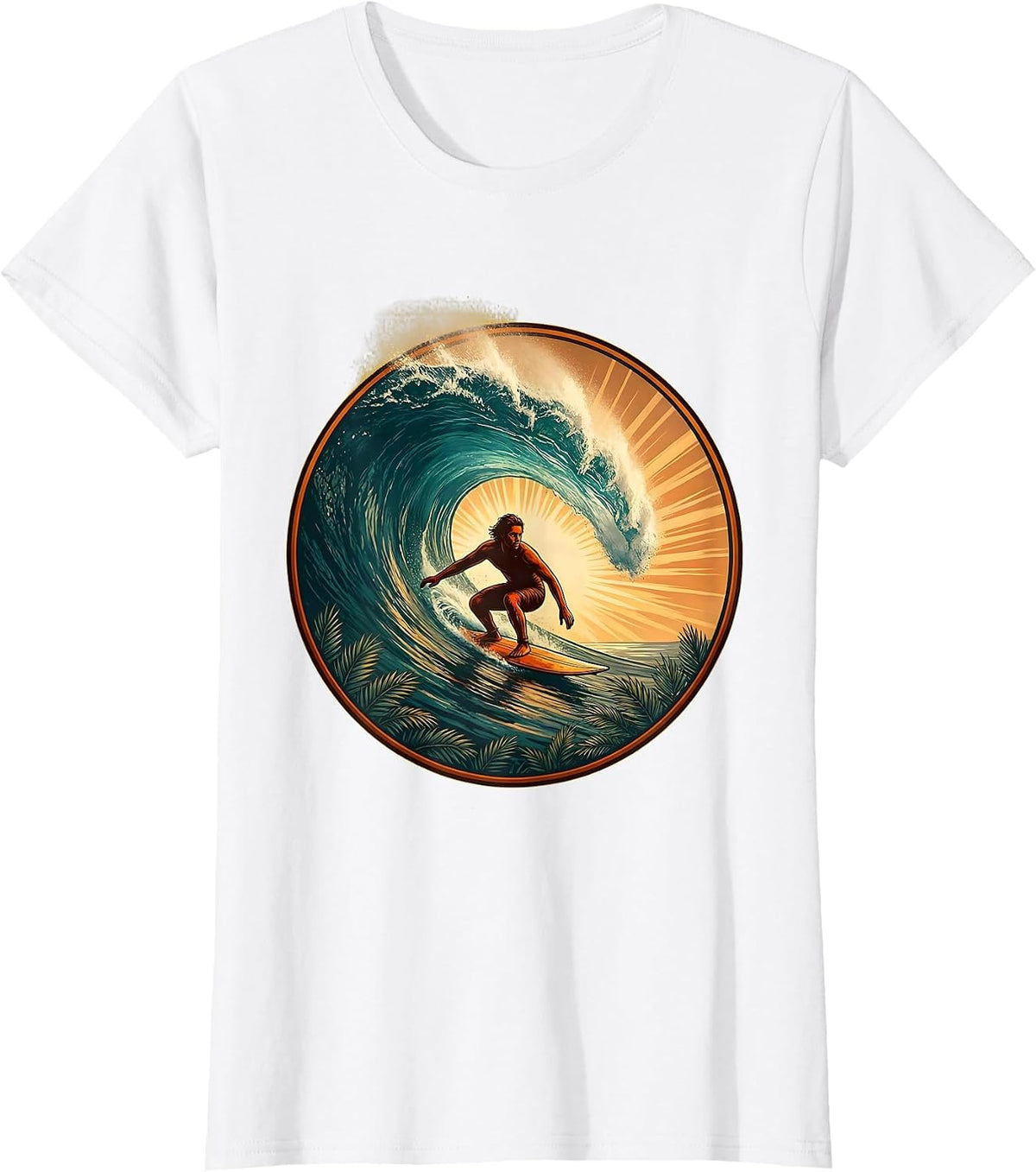 Retro Surfer Riding Massive Curling Wave T-Shirt - White