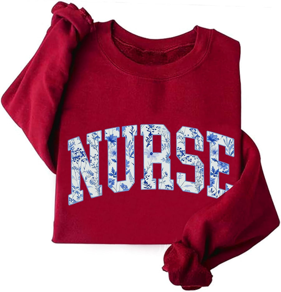 Floral Nurse Sweatshirt Funny Nurse Life Crewneck Sweatshirt Gift - Red
