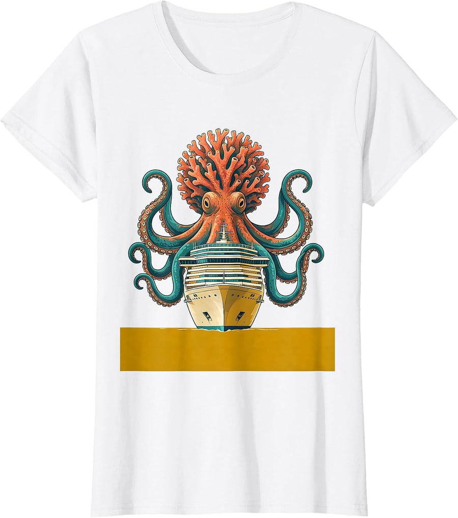 Women's Giant Octopus Attacking Cruise Ship Illustration T-Shirt - White