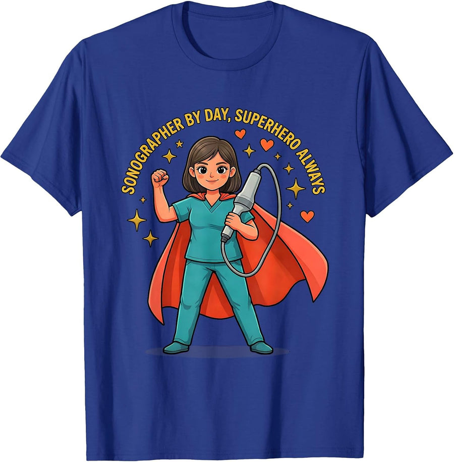 SONOGRAPHER BY DAY, SUPERHERO ALWAYS Cartoon Sonographer T-Shirt - Royal Blue