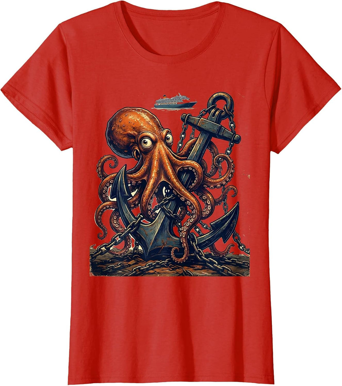 Funny Octopus Tangled in Cruise Ship Anchor T-Shirt - Red