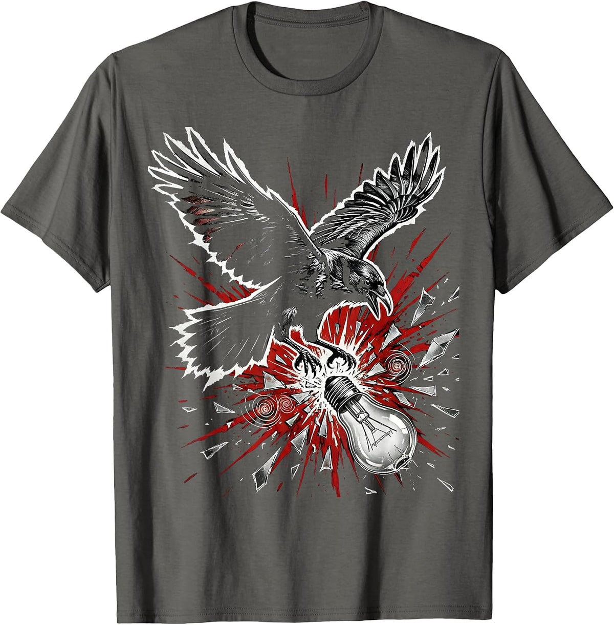 Men's Grunge Crow Smashed Light Bulb Dark Art Design T-Shirt - Asphalt Grey