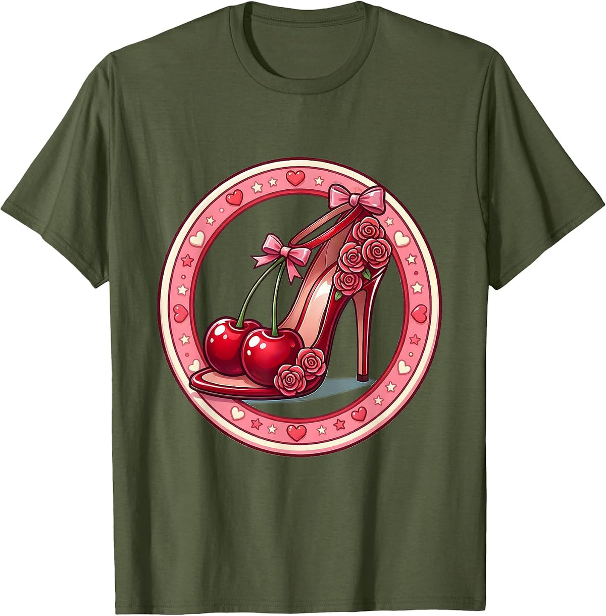Gigi High Heel Rose Floral Illustration T-Shirt - Olive Green