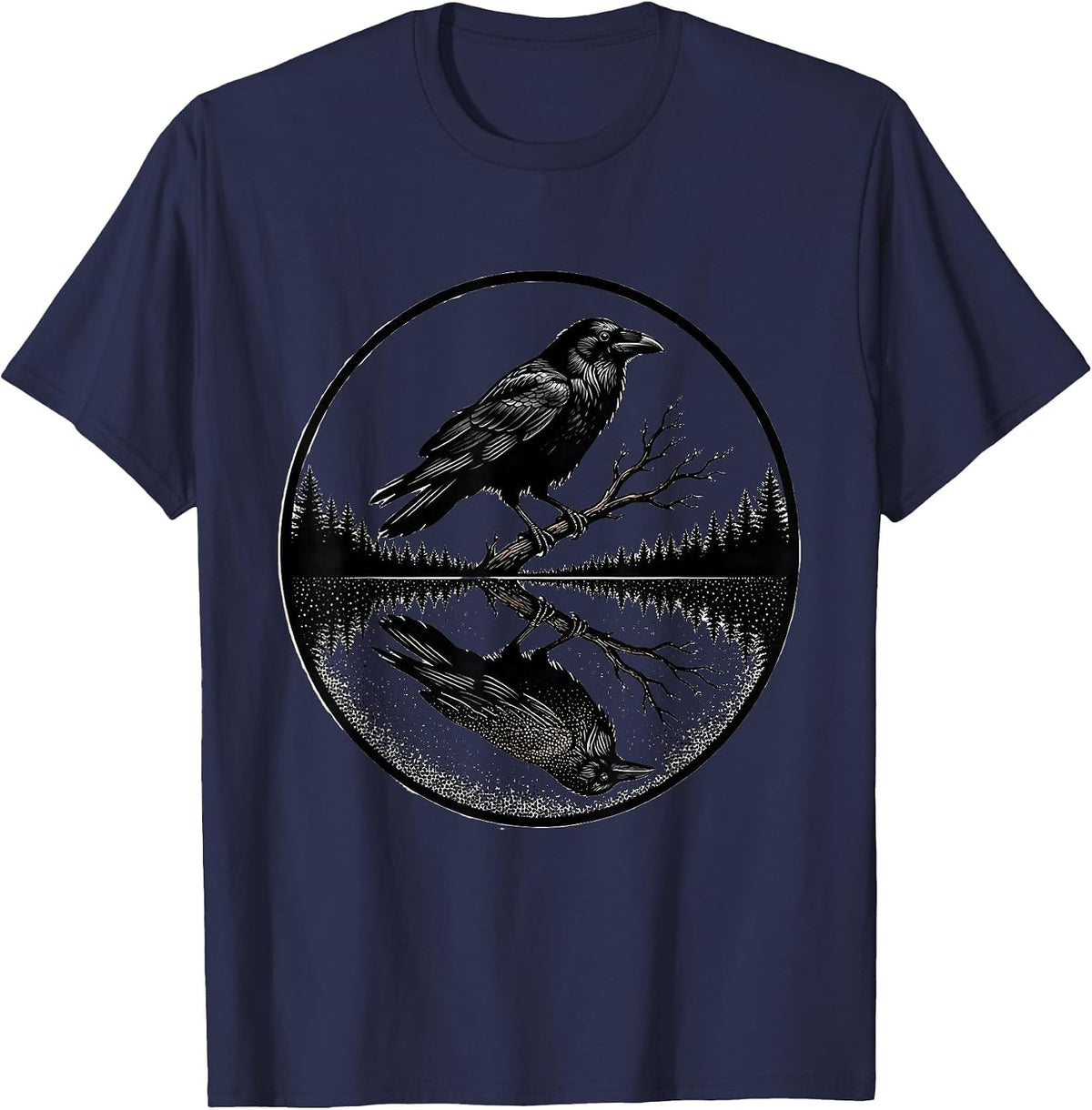 Crow Reflected in Still Forest Pond T-Shirt - Navy Blue