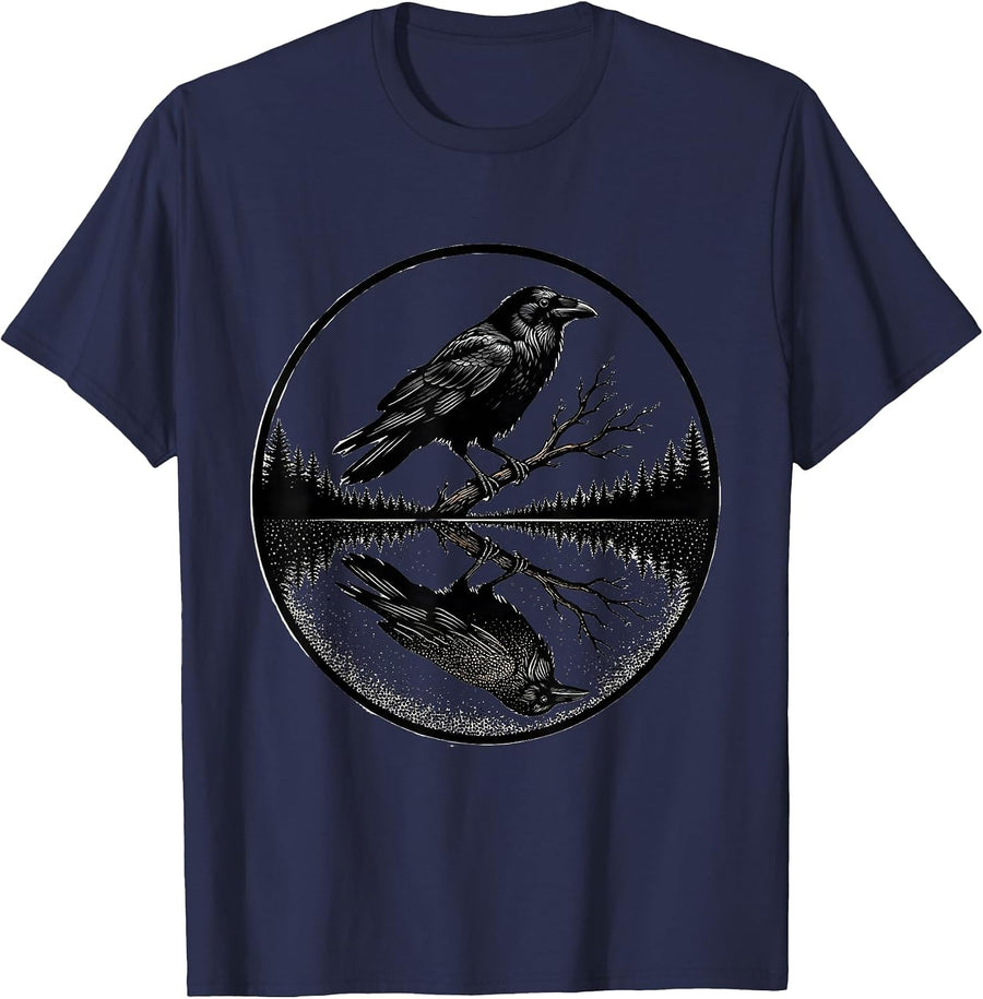 Crow Reflected in Still Forest Pond T-Shirt - Navy Blue