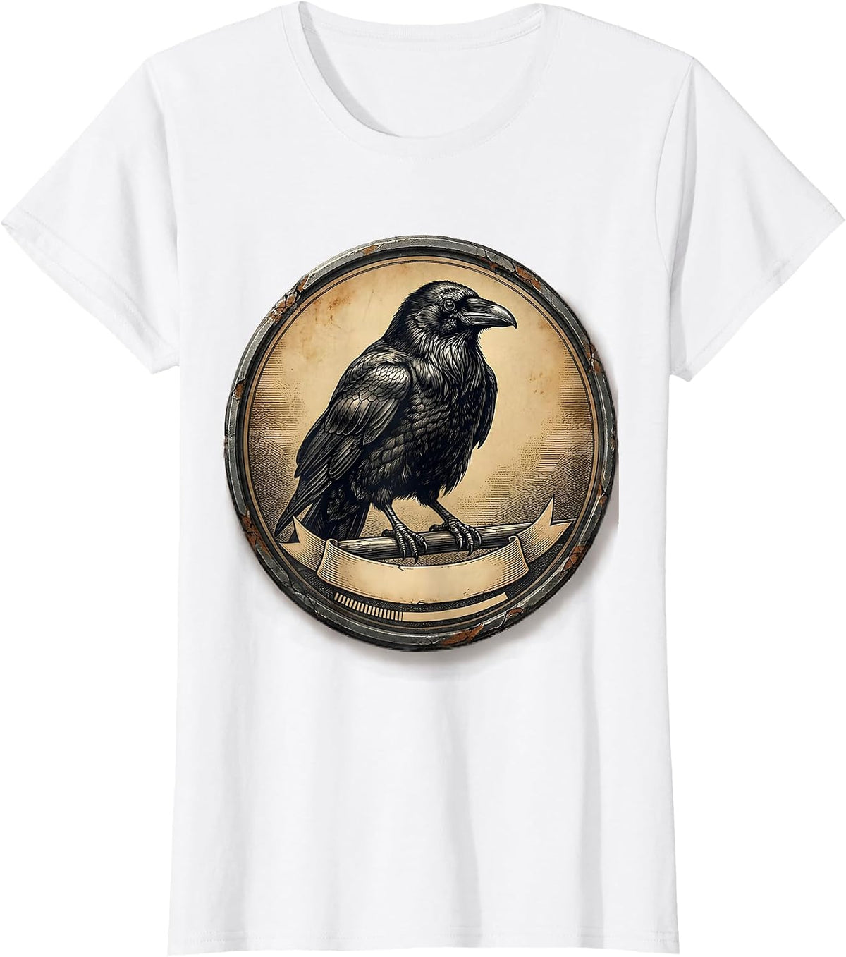 Front-Facing Crow Portrait Distressed Gothic Humor T-Shirt - White