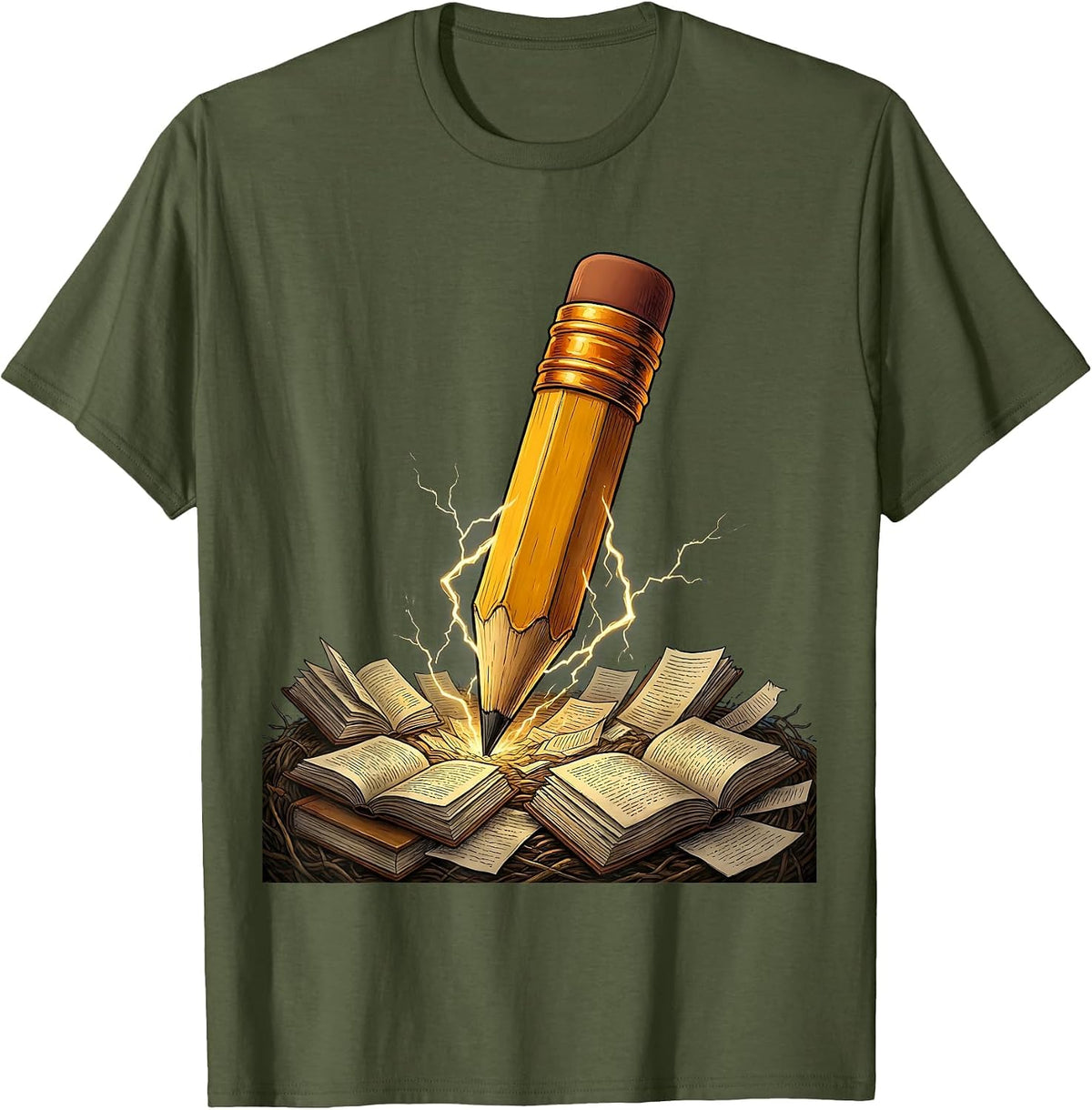 Men's English Teacher Lightning Bolt Pencil Graphic T-Shirt - Olive Green