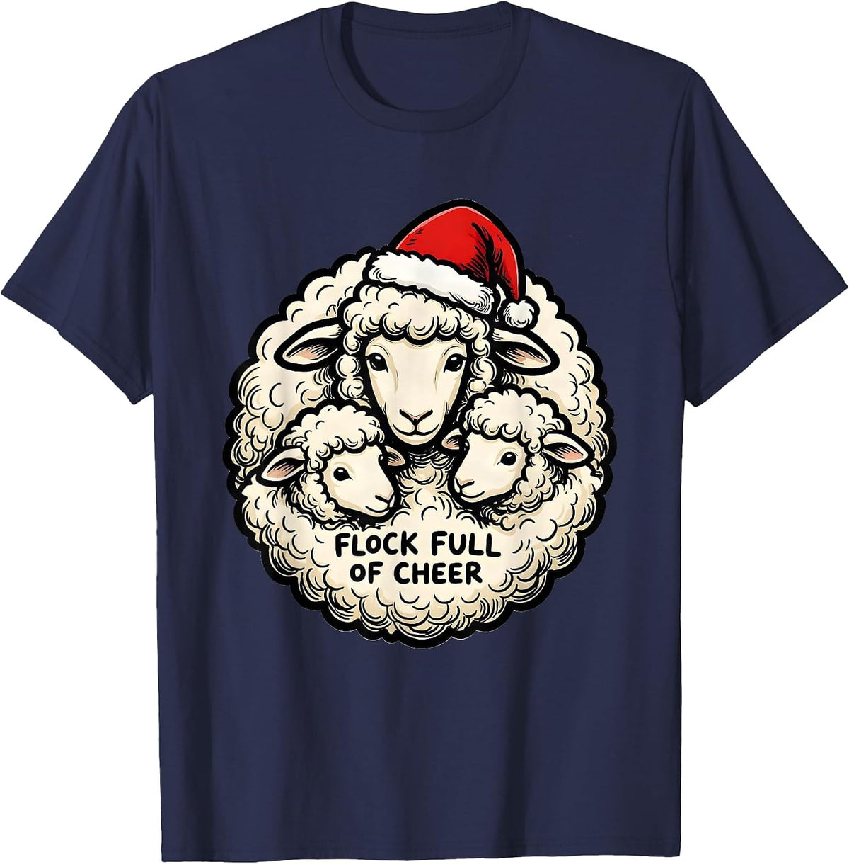 Men's Flock Full Of Cheer Funny Sheep Christmas Pun Novelty Gift T-Shirt - Navy Blue