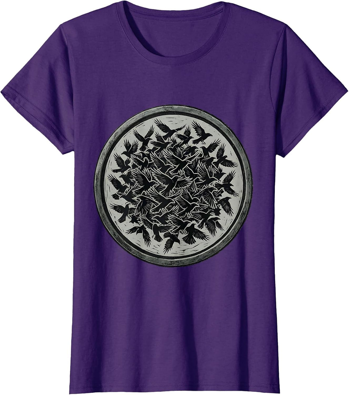 Women's Massive Crow Flock Darkening the Sky Design T-Shirt - Purple