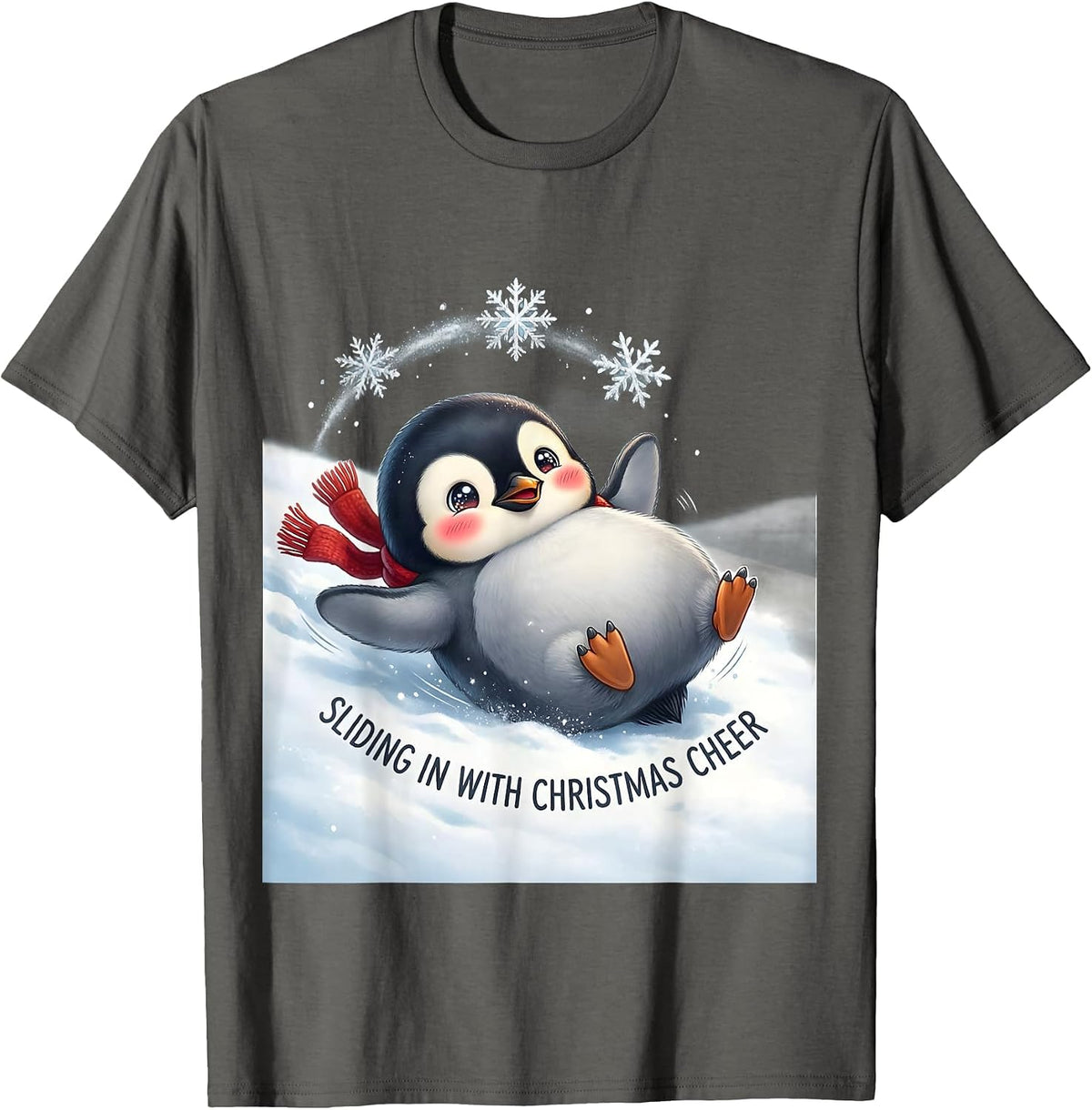 Men's Sliding In With Christmas Cheer Cute Kawaii Penguin Lover T-Shirt - Asphalt Grey