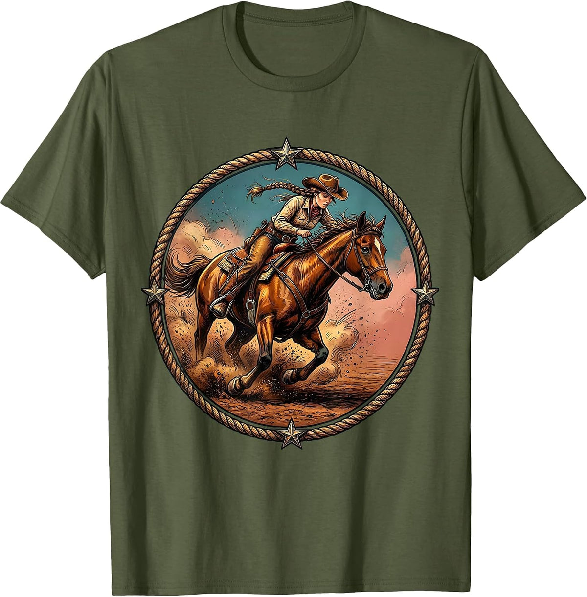 Barrel Racing Cowgirl With Braids Illustration T-Shirt - Olive Green