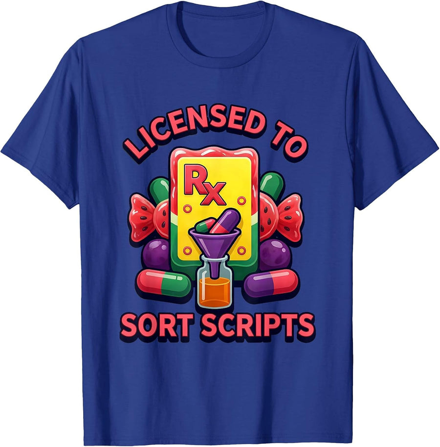 Licensed To Sort Scripts Gummy Jelly Pop Pharmacy Tech T-Shirt - Royal Blue