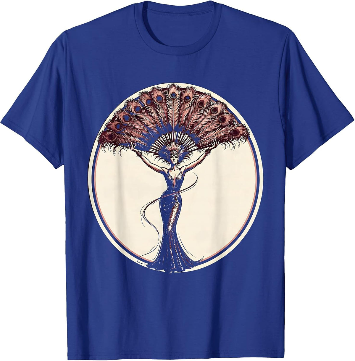 Showgirl Feathered Fan Dance Illustration T-Shirt - Royal Blue