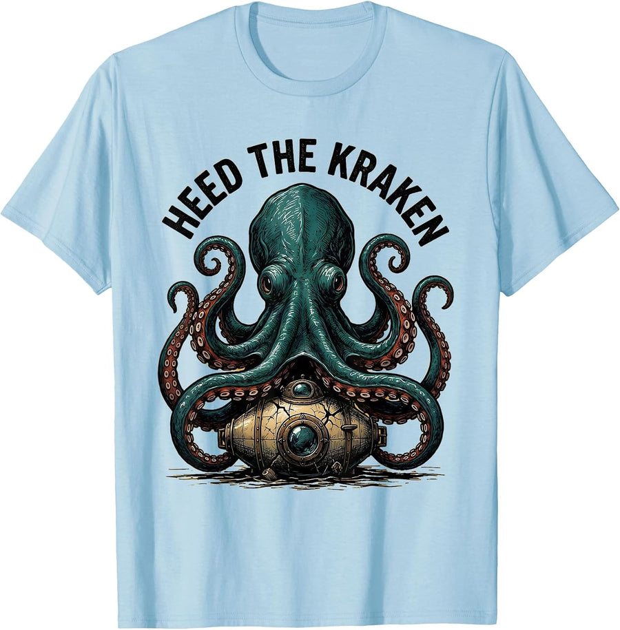 Men's Heed the Kraken Vintage Japanese Kraken Octopus Cosmic T-Shirt - Baby Blue