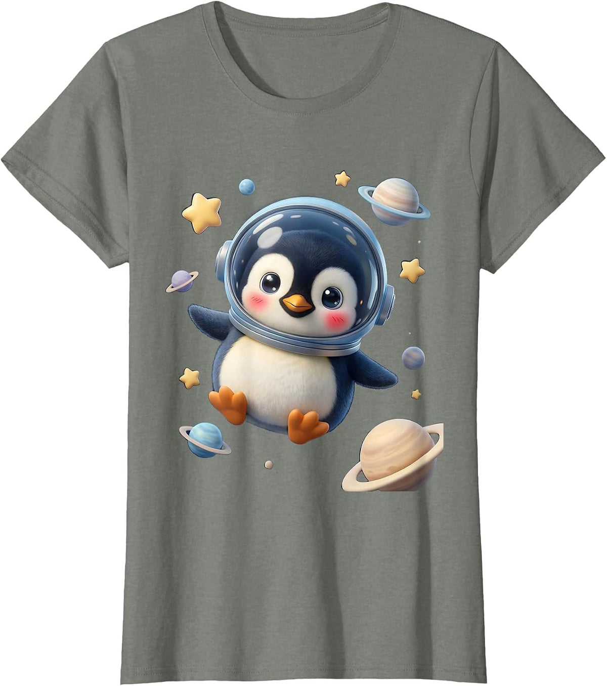Women's Penguin Astronaut Floating in Outer Space T-Shirt - Olive Heather