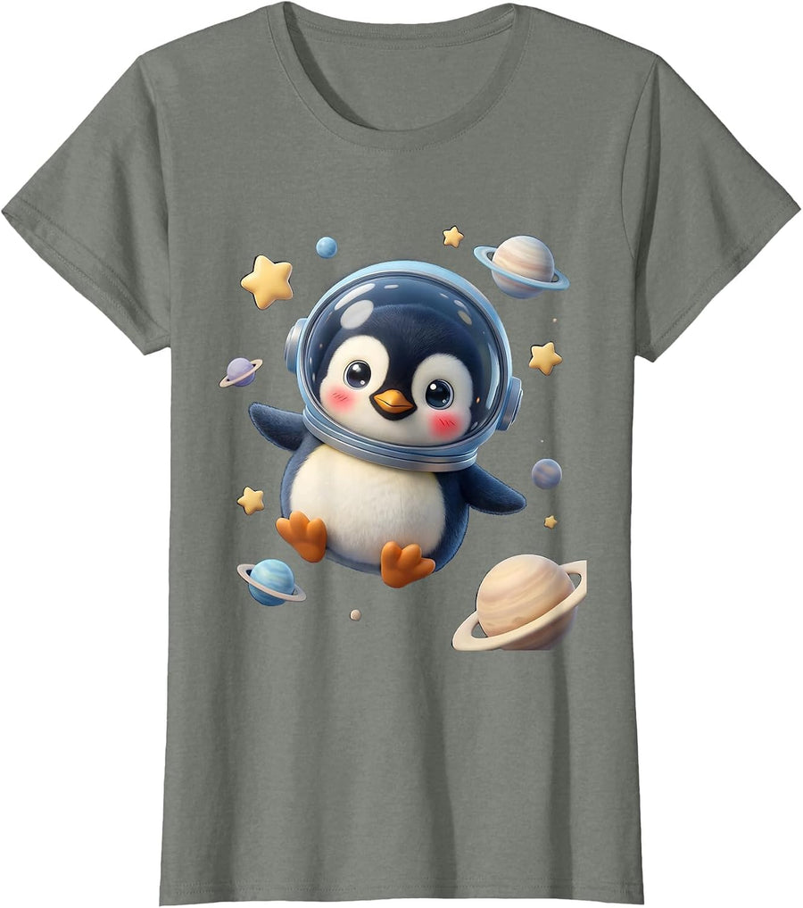 Women's Penguin Astronaut Floating in Outer Space T-Shirt - Olive Heather