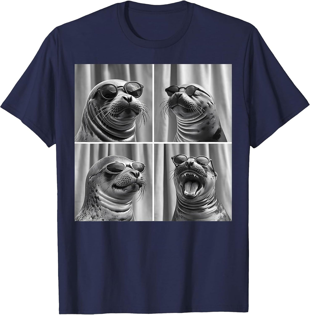 Seal with Sunglasses Sea Lion Ocean Animal Photobooth T-Shirt - Navy Blue
