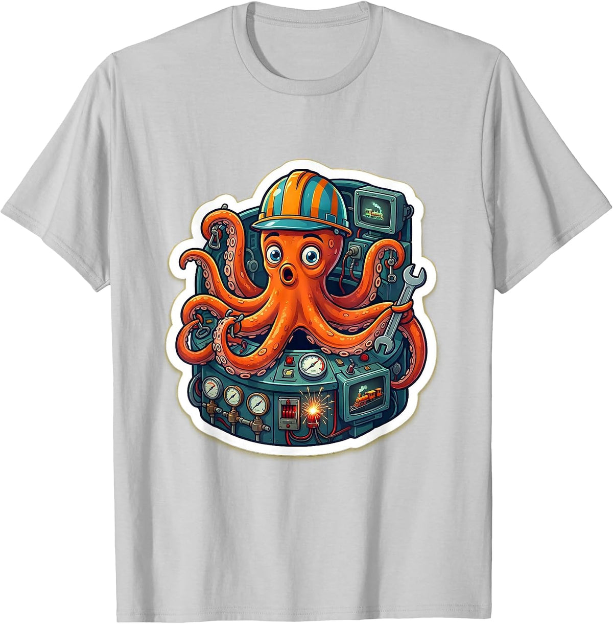 Men's Octopus Engineer Chaos Train Control Room T-Shirt - Silver Grey