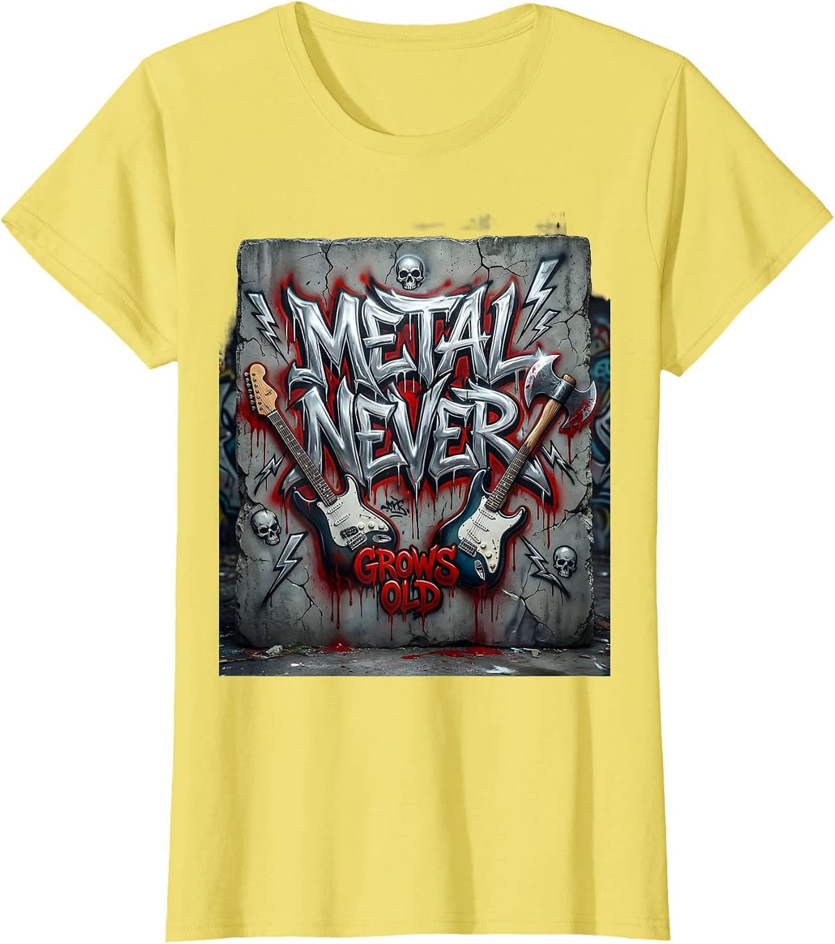 Metal Never Grows Old Heavy Metal Band Design T-Shirt - Lemon Yellow