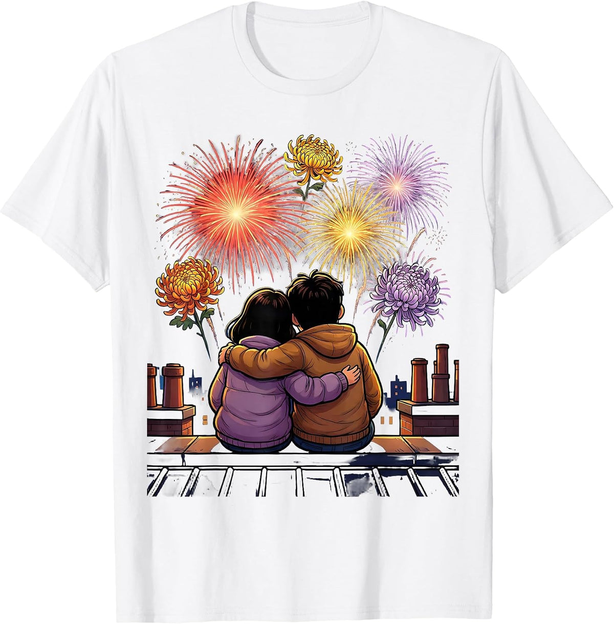 Rooftop Fireworks Couple Romantic Love Design T-Shirt - White