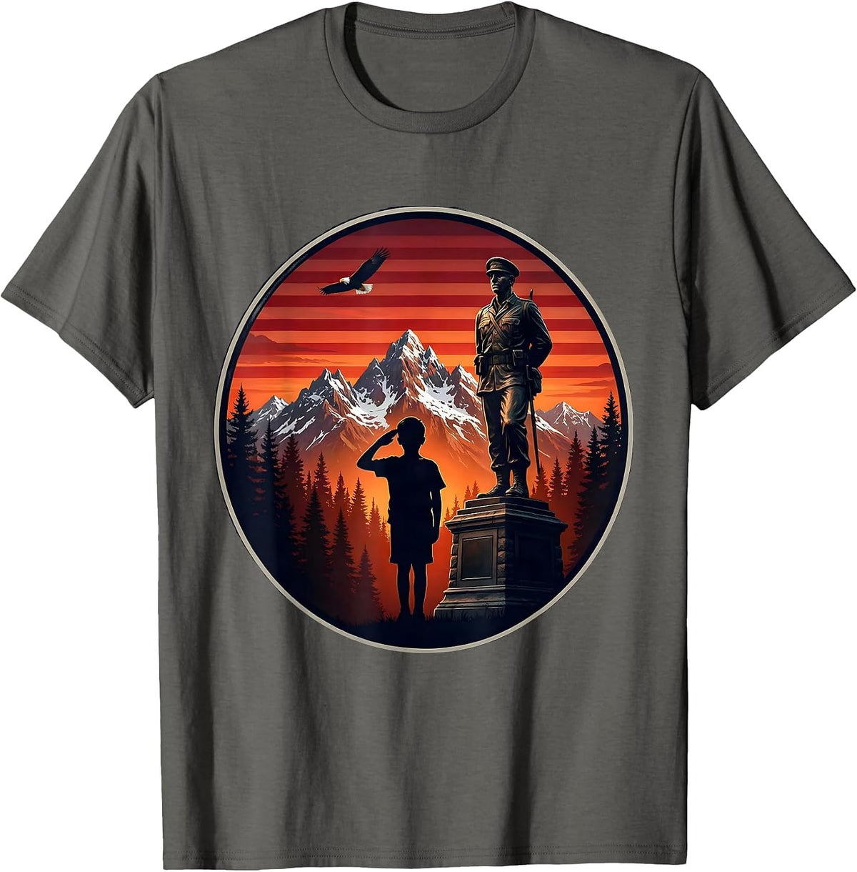 Young Patriot Saluting War Memorial Illustration T-Shirt - Asphalt Grey