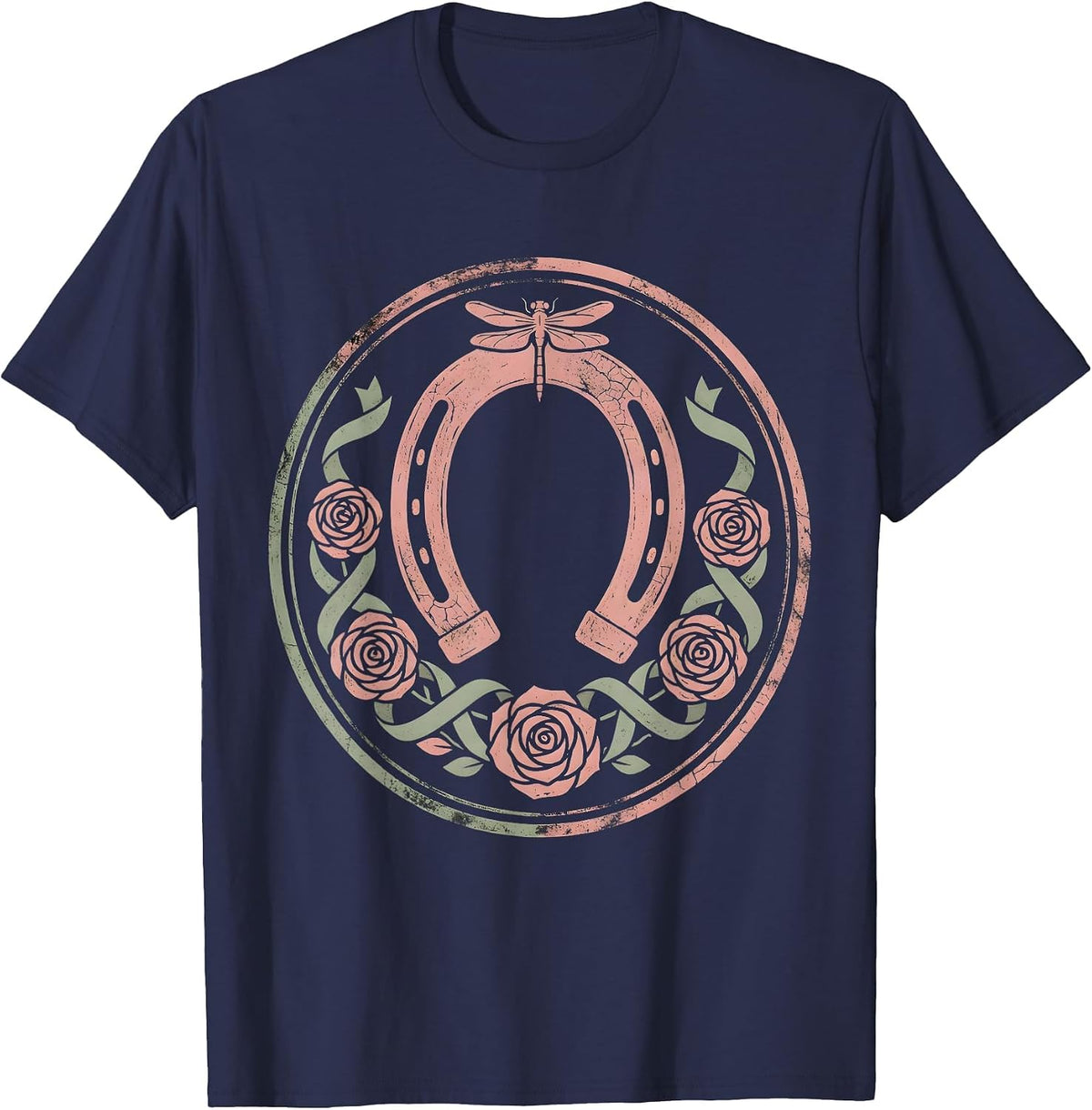 Derby Floral Horseshoe Wreath Rose Ribbon Design T-Shirt - Navy Blue